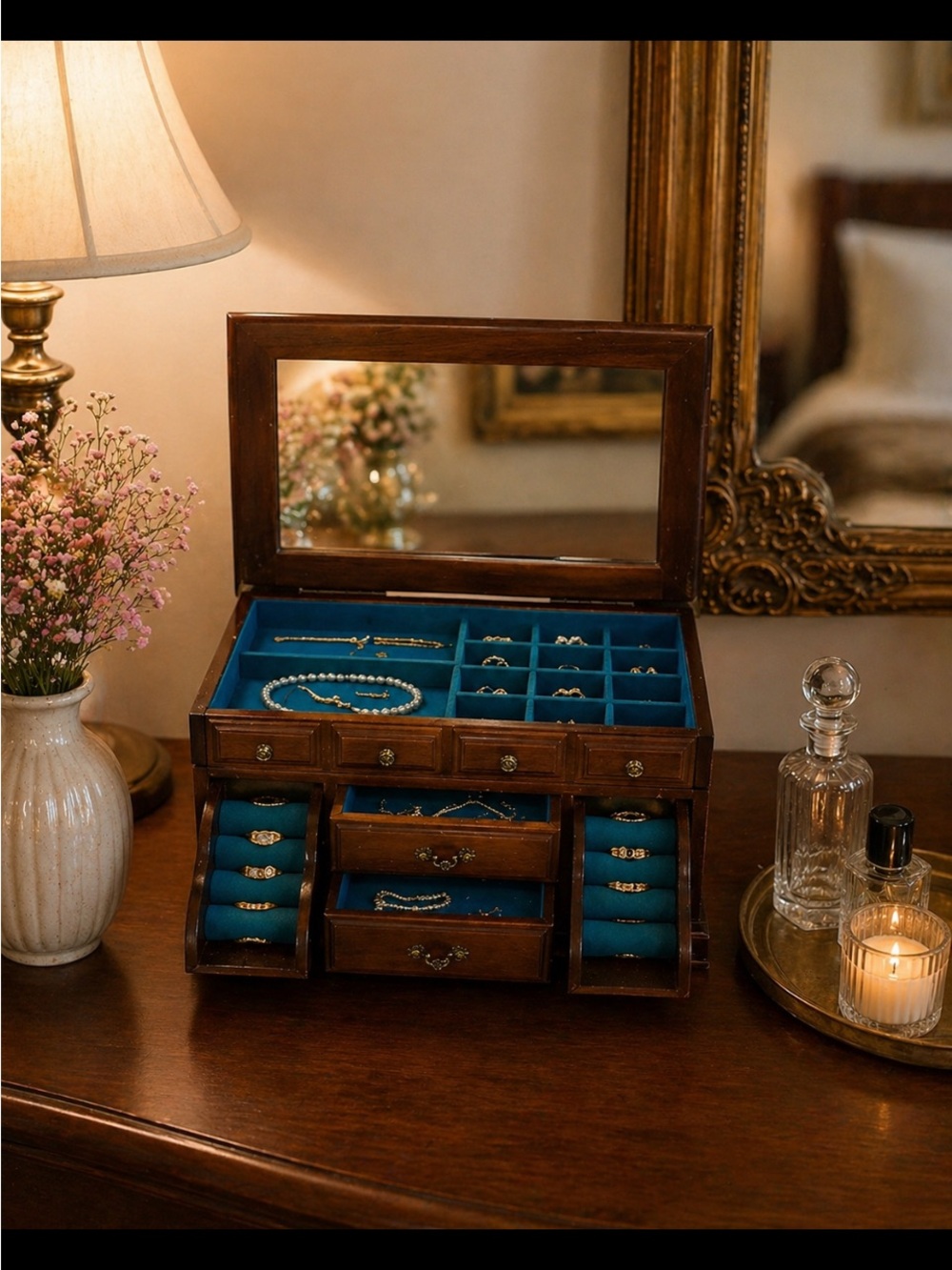 Vintage wood musical jewelry box armoire chest keepsake raindrops on my head